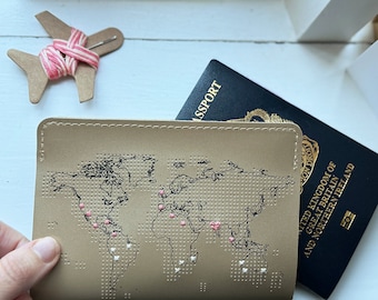 Stitch where you've been! Travel Passport Cover - Metallic Gold Edition (vegan leather) with map design, needle & thread