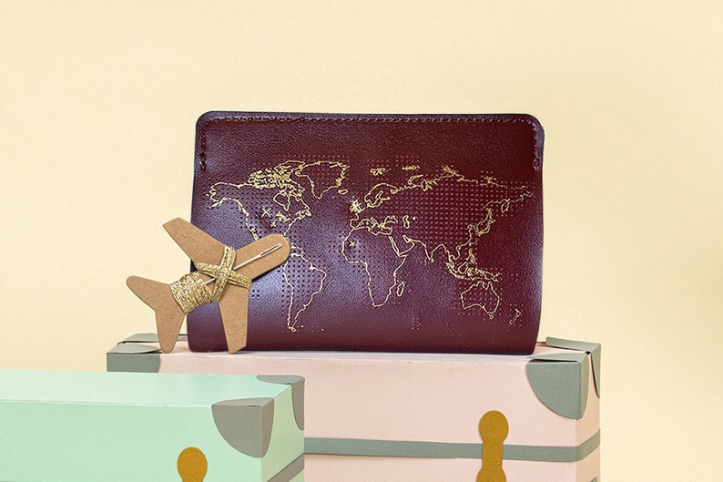 Stitch where you've been Travel Passport Cover Maroon with Gold world map, Real Leather Holder with needle & thread image 2