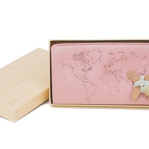 Stitch where you've been Travel Wallet in Pink with world map. With needle & thread in beautiful Gift Box image 7