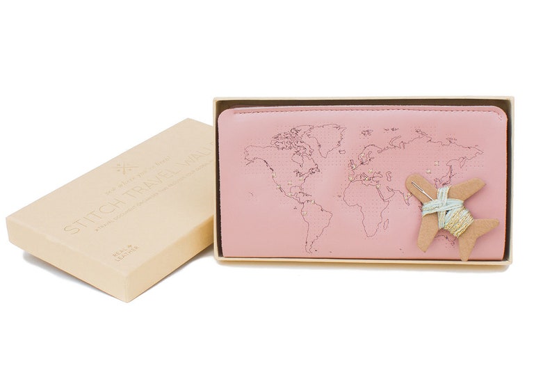 Stitch where you've been Travel Wallet in Pink with world map. With needle & thread in beautiful Gift Box image 7