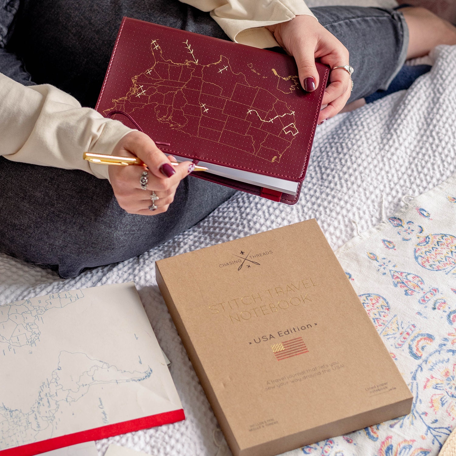 USA Stitch where you&#39;ve been across the United States! Travel Notebook in Maroon vegan leather with gold map and needle & thread