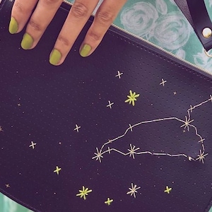 Stitch your star sign zodiac envelope zip pouch or clutch bag- with needle & gold thread