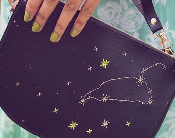 Stitch your star sign zodiac envelope zip pouch or clutch bag- with needle & gold thread