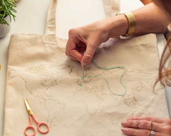 Stitch Where You've Been Natural Canvas Travel Tote Bag with deluxe gold map DIY Kit