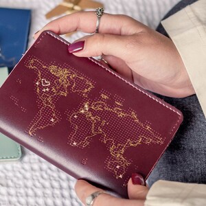 Stitch where you've been Travel Passport Cover Maroon with Gold world map, Real Leather Holder with needle & thread image 3