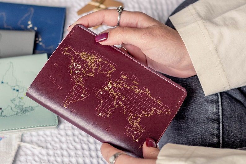 Stitch where you've been Travel Passport Cover Maroon with Gold world map, Real Leather Holder with needle & thread image 3