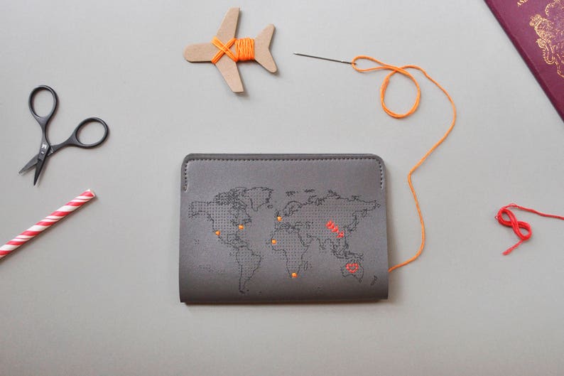 Stitch where you've been Travel Passport Cover Grey Real Leather Holder with map design, needle & thread image 2