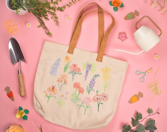 Kit de bricolaje para coser tu bolso de mano con flores: kit de bordado para bolso de supermercado Cose lo que cultivas con 14 hilos de colores. ¡Amigable para principiantes!