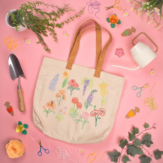 Stitch Your Flowers Tote Bag Diy Kit - Sew What You Grow Grocery Bag Embroidery Kit with 14 colour threads. Beginner friendly!
