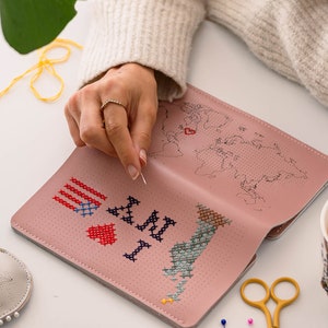 Stitch where you've been Travel Wallet in Pink with world map. With needle & thread in beautiful Gift Box image 1