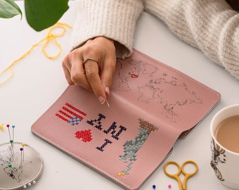 Stitch where you've been! Travel Wallet in Pink with world map. With needle & thread in beautiful Gift Box