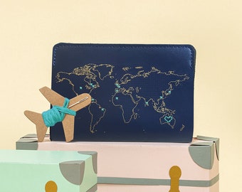 Stitch where you've been Travel Passport Cover in Vegan leather- Navy with Gold world map, with needle & thread