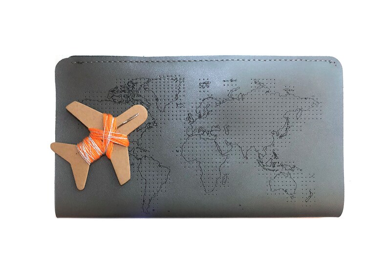 Stitch where you/'ve been Travel Wallet in Grey with world map With needle /& thread in beautiful Gift Box