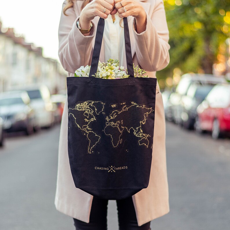 Stitch Where You've Been Black Canvas Travel Tote Bag with deluxe gold map DIY Kit image 4