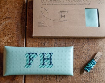 Stitch your own design Pencil or Glasses Case - Easy DIY customisable pouch in Mint perforated faux leather with navy & gold threads