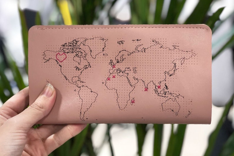 Stitch where you've been Travel Wallet in Pink with world map. With needle & thread in beautiful Gift Box image 2