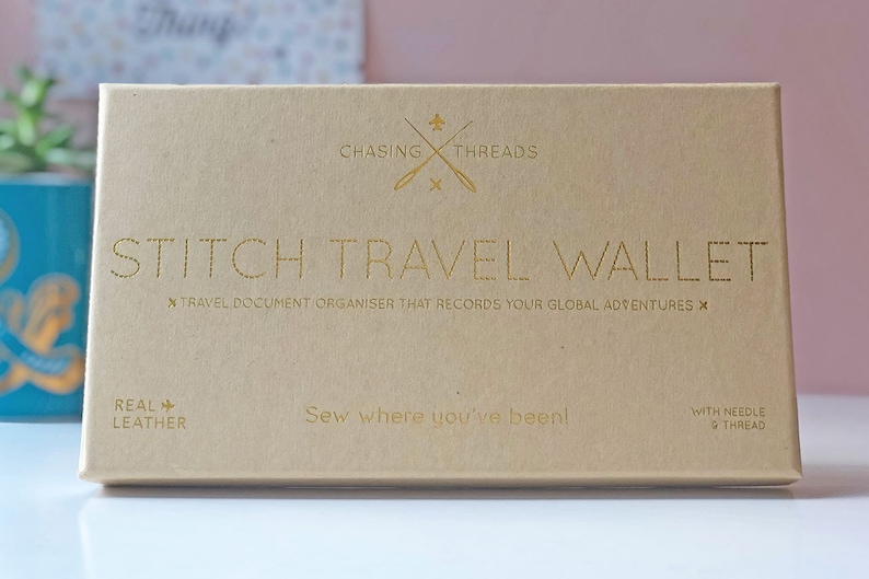 Stitch where you've been Travel Wallet in Pink with world map. With needle & thread in beautiful Gift Box image 9