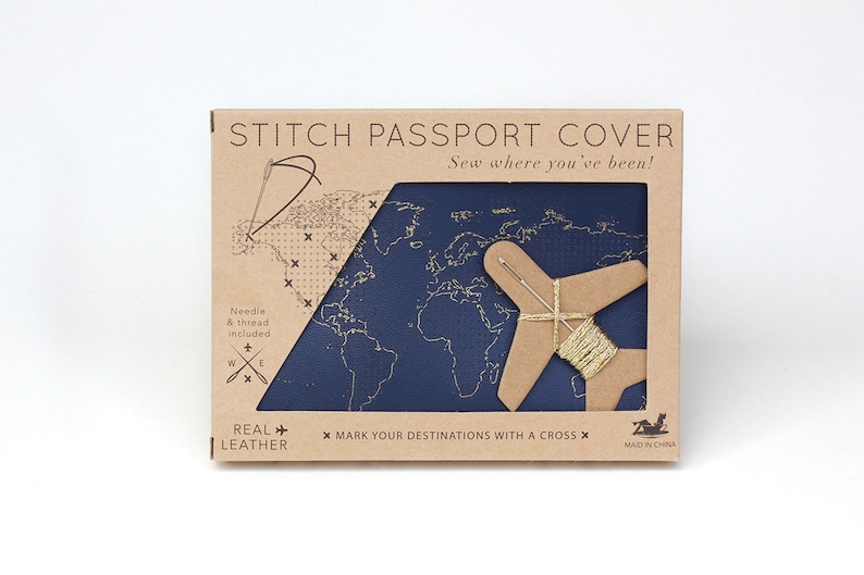 Stitch Luggage Set Sew where you've been passport & stitch your own Luggage Tag Gift Set Navy image 7