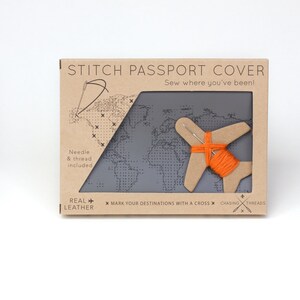 Stitch where you've been Travel Passport Cover Grey Real Leather Holder with map design, needle & thread No thanks