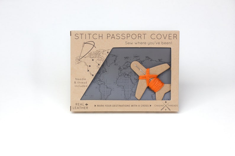Stitch where you've been Travel Passport Cover Grey Real Leather Holder with map design, needle & thread No thanks