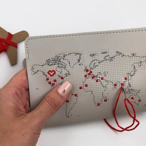 Vegan Stitch where you've been Travel Passport Cover Light Grey faux leather with map design, needle & thread image 4