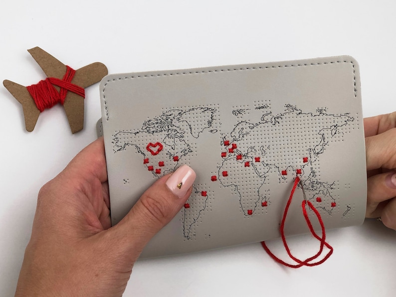 Vegan Stitch where you've been Travel Passport Cover Light Grey faux leather with map design, needle & thread image 4