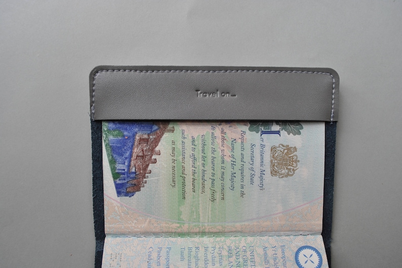Stitch where you've been Travel Passport Cover Grey Real Leather Holder with map design, needle & thread image 6