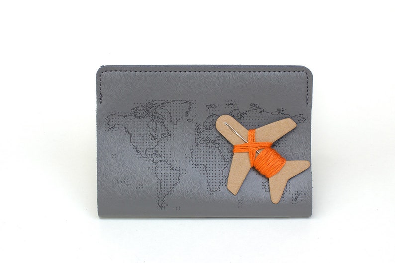 Stitch where you've been Travel Passport Cover Grey Real Leather Holder with map design, needle & thread image 7