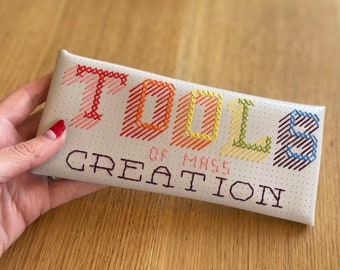 DIY 'Tools of Mass Creation' Pencil Case Cross Stitch Kit - Light Grey perforated vegan leather with Rainbow Threads & instructions included