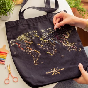 Stitch Where You've Been Black Canvas Travel Tote Bag with deluxe gold map DIY Kit image 3