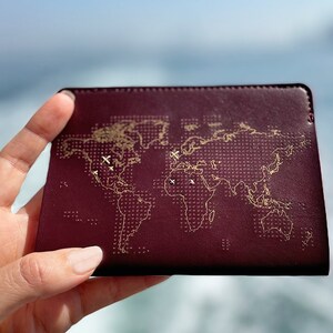 Stitch where you've been Travel Passport Cover Maroon with Gold world map, Real Leather Holder with needle & thread image 7