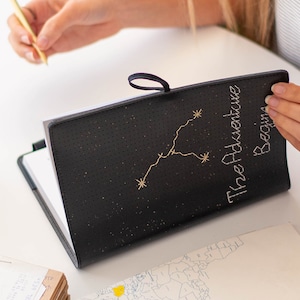 Stitch your star sign zodiac faux leather notebook- with needle, gold thread & pen in gift box