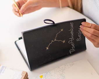 Stitch your star sign zodiac faux leather notebook- with needle, gold thread & pen in gift box