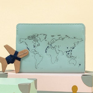 Stitch where you've been! Travel Passport Cover - Mint Real Leather Holder with world map, needle & thread