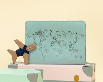 Stitch where you've been! Travel Passport Cover - Mint Real Leather Holder with world map, needle & thread