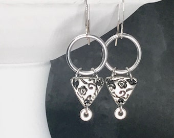 Silver Earrings Dangle, Geometric Drop Hoop Earrings Handmade Jewelry Anniversary Gift for Her, Silver Dangle Earrings with Triangle Charm