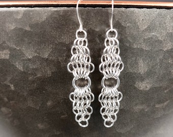 Silver Dangle Earrings Chainmail, Handmade Jewelry Anniversary Gift for Her, Long Silver Earrings Chainmail, Lightweight Aluminum Jewelry