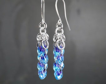 Beaded Dangle Earrings Handmade Jewelry, Blue Purple Earrings Beaded Jewelry Birthday Gift for Sister, Drop Earrings Chainmail Aqua Lavender