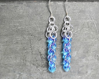 Long Silver Earrings Dangle, Blue and Purple Earrings Chainmail Jewelry Handmade, Colorful Beaded Dangle Earrings Birthday Gift for Sister