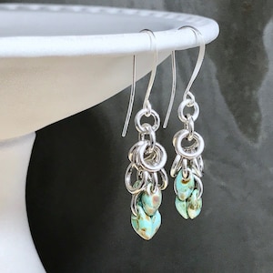 Beaded Dangle Earrings Chainmail, Silver Beaded Earrings Birthday Gift for Sister, Silver Drop Earrings featuring &quot;Picasso&quot; Beads