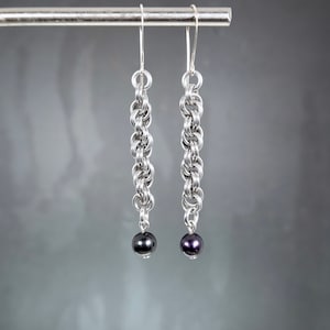 Long Silver Earrings Dangle, Spiral Earrings with Black Pearl, Chainmail Earrings Handmade Jewelry Birthday Gift for Her, Unique Gift