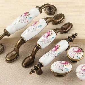 3"3.75" 5" 6.3" Drawer Knobs Pulls Handles Dresser Knobs Pulls Flower Kitchen Cabinet Door knob Pulls Handles Porcelain White Antique Bronze