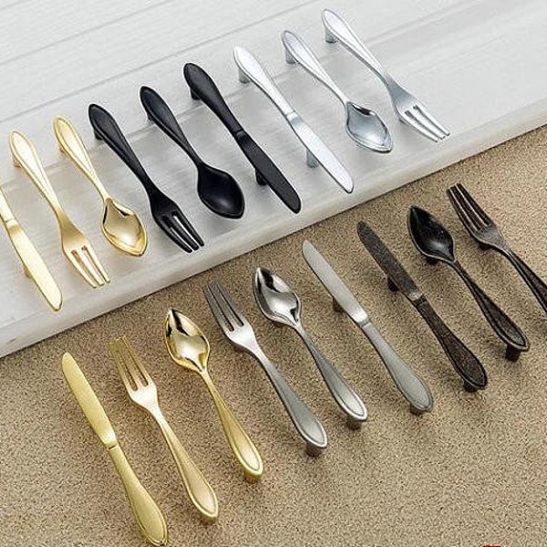 3'' Knife Fork Spoon Handles Kitchen Cabinet Door Pulls Handle Silver Black Gold Bronze Drawer Pulls Handles Hardware Knob Handle 76mm