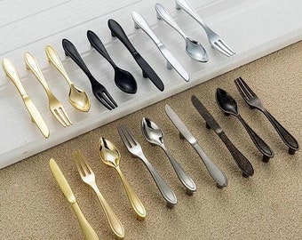 3'' Knife Fork Spoon Handles Kitchen Cabinet Door Pulls Handle Silver Black Gold Bronze Drawer Pulls Handles Knobs Hardware Knob Handle 76mm