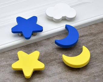1.25“ Kids Dresser Knobs Drawer Knobs Pulls Moon Star Blue Yellow / Children Knobs / Cabinet Handles Pull Knob / Baby Boys Girls Hardware
