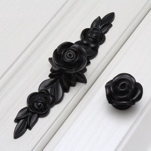 Black Rose Flower Knobs Dresser Pulls Handles Drawer Knobs Pulls Handles Kitchen Cabinet Knobs Handles Ornate Knob Hardware Decorative Knobs