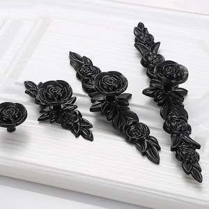 Black Rose Knobs Handles Dresser Knobs Drawer Knobs Pulls Handles Shabby Chic Kitchen Cabinet Door Knobs Pull Handles Flower Back Plates