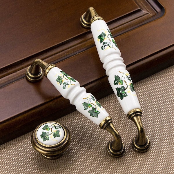 3.75" 5" Green Leafy Kitchen Cabinet Knobs Handles Dresser Knobs Pulls Drawer Pulls Handles Knobs Antique Bronze White Ceramic Knobs Pulls