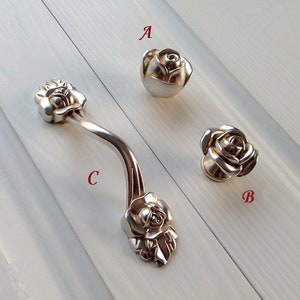 Shabby Chic Drawer Pulls Handles Rose Flower Dresser Pulls Knobs Handles Rustic Antique Silver Vintage Kitchen Cabinet Door Knob Handle3.78"