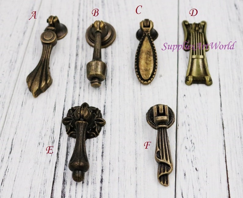 Antique Bronze Cabinet Knobs Pulls Drop Dresser Handles Drawer Pull Rustic Vintage Furniture Hardware